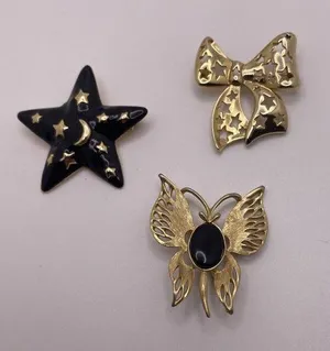 Lot Of 3 Vintage - Modern Brooch Pins Gold Tone / Black - Bow, Butterfly, Star thumbnail 1