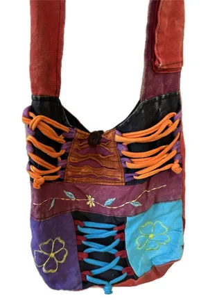 100% Cotton Mineral Wash Dye Geometric Embroidered Patchwork Crossbody Bag thumbnail 1