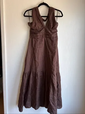 Dishh Harrier Linen Dress Womens 8 Dark Chocolate Brown Halter Midi Tiered thumbnail 2