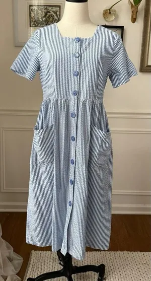 The Vermont Country Store Blue Stripe Seersucker Short Sleeve Buttonfront Dress thumbnail 1