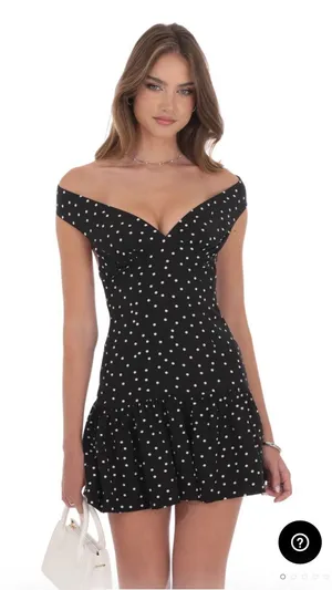 Lucy in the Sky Polka Dot Off Shoulder Drop Waist Dress in Black thumbnail 1