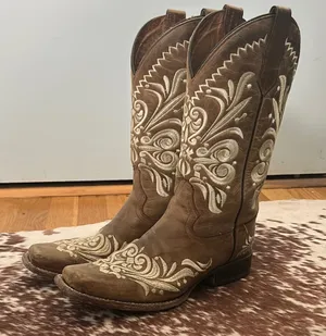 Brown and Cream Embroidered Cowboy Boots thumbnail 1