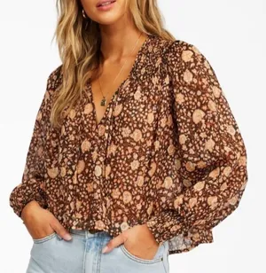 Billabong Desert Daze Floral Peasant Blouse Brown Smocked Long Sleeve Top Medium thumbnail 1