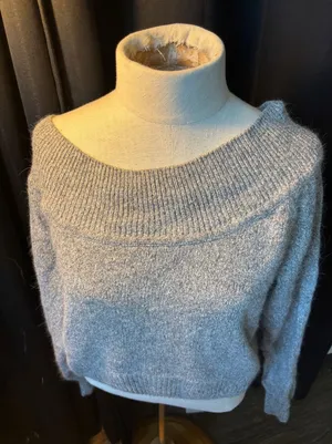 Anchor Blue‎ Silk Angora Blend Gray Boat Neck Off Shoulder Crop Sweater Medium thumbnail 1