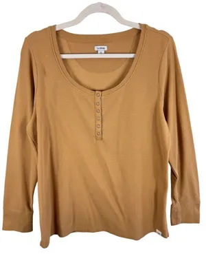 LL‎ Bean Womens XL Waffle Knit Henley Top Mustard Tan Cotton Thermal 517795 thumbnail 1
