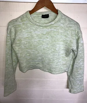 WHITE FOX Boutique Cropped Crew Neck Sweater 100% Cotton XS Lime Green COZY thumbnail 1