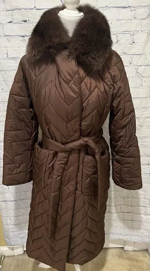 Monica Milano Brown Quilted knee-length, belted puffer coat with a fur collar 4 thumbnail 1
