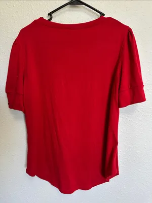 Women's Red V-Neck Short Sleeve Top with button embellishments Size Medium thumbnail 3