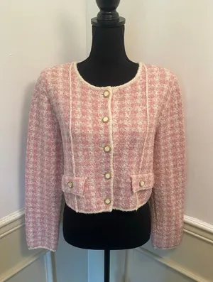 & Other Stories Pink and White Tweed Knit Cropped Cardigan Jacket Button Front thumbnail 1