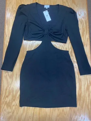 Socialite Dress Womens Large Black Bodycon Cut Out Knot Strech Long Sleeve B35.2 thumbnail 1