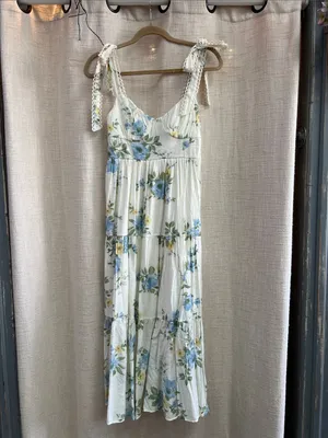 White Blue Yellow Floral Tiered Midi Dress Lace Tie Straps Large thumbnail 6