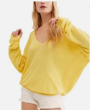 Free People We the Free Yellow Santa Clara V-Neck Oversized Thermal M Slouchy thumbnail 1