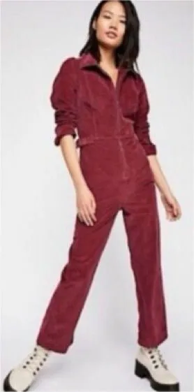 Free People Take Me‎ Out Purple Corduroy Sexy One Piece Jumpsuit 4 Burgundy Wine thumbnail 1