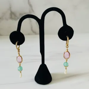 Gold Drop Earrings- Gemstone and Faux Pearl- Pierced Ears- Costume Jewelry thumbnail 3
