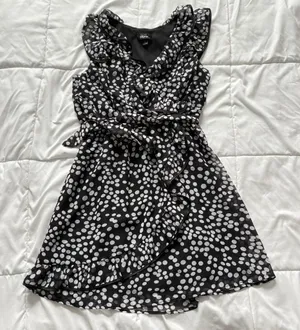 Vintage Mini Dress‎ Womens Large Black White Polka Dot 90s Y2K Belted Ruffle thumbnail 1