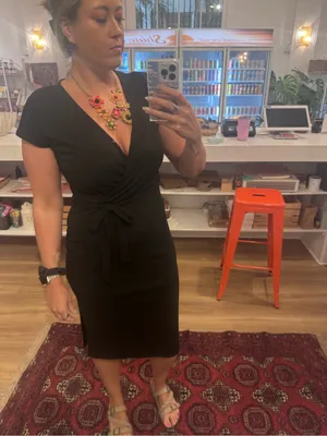 Ribbed Black Midi Wrap Dress with Waist Tie thumbnail 6