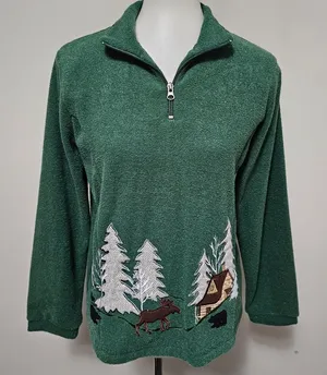 Vintage Mandal Bay Evergreen Cabin‎ Applique ¼ Zip Fleece Top Size Small thumbnail 1