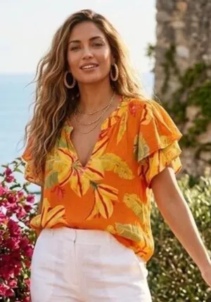 Haute Hippie Orange Tropical Floral‎ V-Neck Tiered Flutter Sleeve Blouse Small thumbnail 1