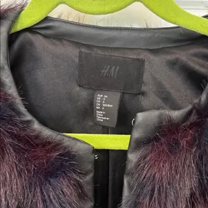 H&M Faux Fur Burgundy + Navy Toned Faux Leather Trim Coat thumbnail 4