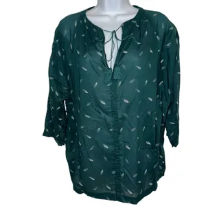 MADEWELL Green Fall Feather Print Tassel Tie Neck 3/4 Sleeve Blouse Small‎ thumbnail 2