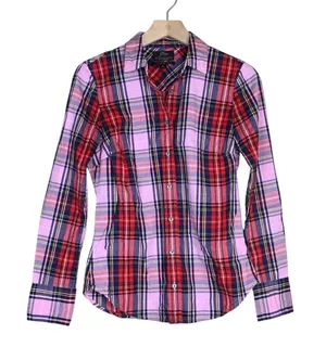 J. Crew Women's Slim Fit Stretch Perfect Pink Stewart Tartan Organic Cotton Top thumbnail 1