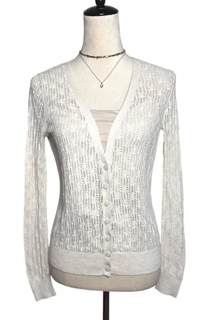 Moda International Y2K Cream Pointelle Open Knit V-Neck Cardigan Sweater thumbnail 1