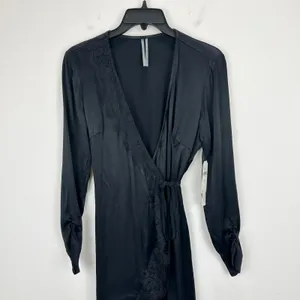 Anthropologie Lace Trimmed Wrap Dress Viscose Satin Long Sleeve Black XS NWT thumbnail 9