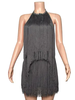 JADED LONDON Vadra Backless Fringe Mini Dress, Charcoal Grey, 4(US) thumbnail 7
