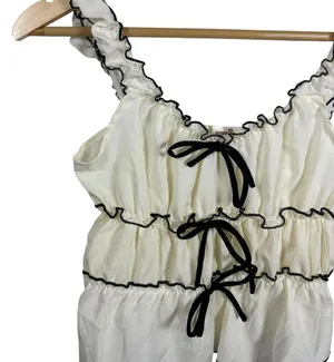 Sugarkiss Women’s Contrast Trim Ruffle Bow Top Ivory/Black Size L thumbnail 3