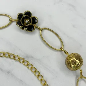 Black Rhinestone Flower Gold Tone Chain Link Belt One Size (OS) ✨ thumbnail 3