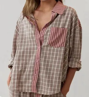 Urban Outfitters Out From Under Button Down Plaid‎ Striped Top Small thumbnail 1