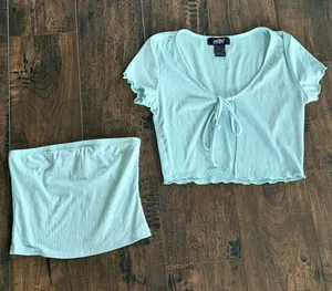 Light Aqua Ribbed Short Sleeve Cardigan and Tube Top Set thumbnail 1