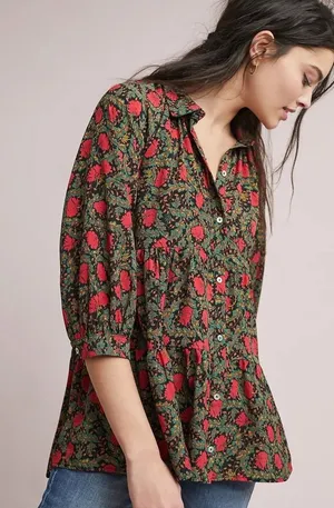 Anthropologie ERI + ALI Iona Floral Soft Swing Blouse Tiered Top Shirt Medium thumbnail 1