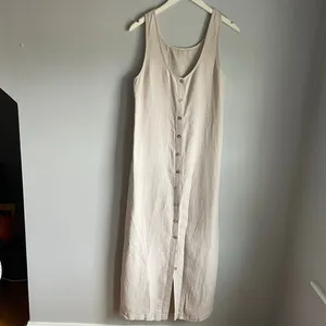 Beige Linen Midi Dress Women XS Capsule Minimalist Lagenlook Button Down Beachy thumbnail 3