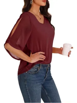 NEW Ruffle 3/4 Sleeve Chiffon Tops V Neck 2 Layers Blouse M thumbnail 6