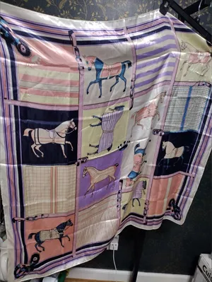 Vintage Silky Horse-Print Scarf in Pastel Pink and Lavender thumbnail 1