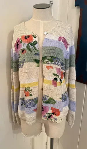 Susan Bristol Cream Cardigan with Multicolor Floral & Stripe Accents Sz L thumbnail 1