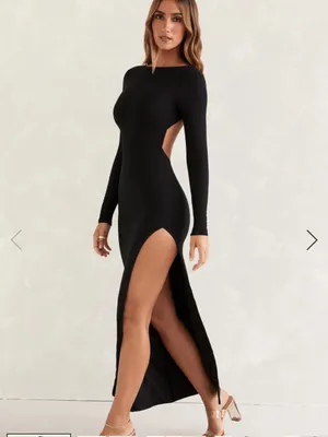 Oh Polly kiah Black backless Long-Sleeve High Slit‎ Maxi Dress 12 NWT thumbnail 2