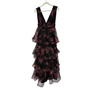 Lulus Black Floral Tiered Ruffle‎ Maxi Dress Sleeveless V-Neck Small NWT thumbnail 3