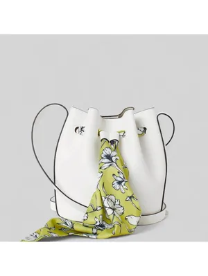 Minimal white bucket bag with removable floral scarf detail thumbnail 2
