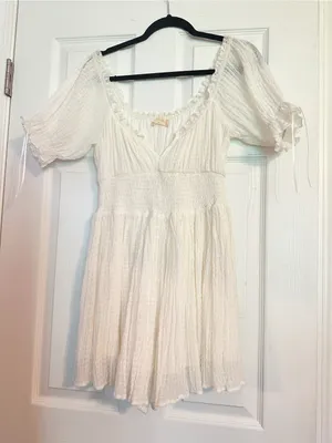 Altar’d State White Lace Smocked Waist Puff-Sleeve Romper (Lined) in Medium thumbnail 1