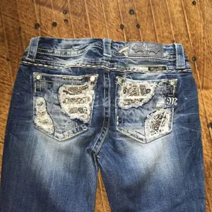 Miss Me 27 shimmery blingy patch western boot cut distressed jeans thumbnail 3
