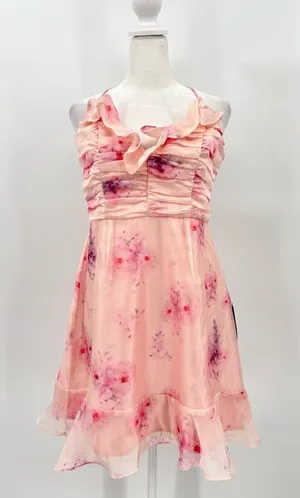 Lulu’s Pink Floral Fairy Ruffle Mini Party Dress Ruched Bodice Medium NEW thumbnail 1