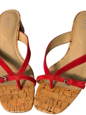 NYDJ Red Suede Cork Square Toe Thong Heeled Sandals Women's Size 7 New thumbnail 1