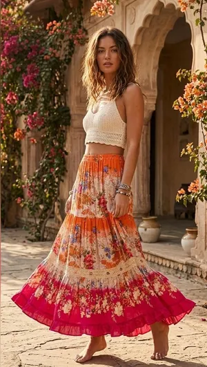 Vintage Y2K 90s Boho Maxi Skirt Tiered Ruffle Floral Macrame Gauzy Rayon India M thumbnail 1