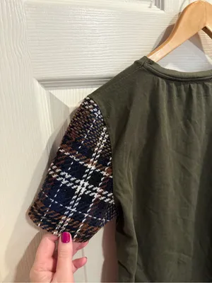 Zara Olive Green Tee with Brown & Navy Plaid Sleeves thumbnail 5
