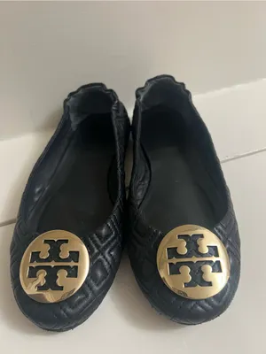 Tory Burch Black Quilted Leather Gold Logo Ballet Flats 8.5 thumbnail 2