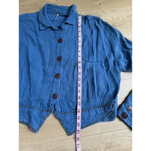 Free People Beaded Crinkle Gauze Top Blue Button Down Western Long Sleeve Size M thumbnail 5