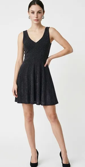 Sleeveless Shimmer V-Neck Mini Dress in Black thumbnail 1