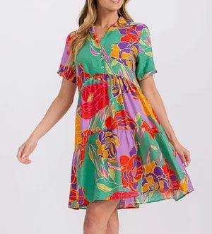 Les Amis Floral‎ Multicolor Button-Up Tiered Flowy Mini Dress thumbnail 1